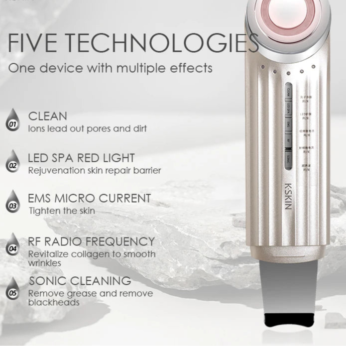 1 Dispositivo con 5 Tecnologías para el Cuidado de la Piel: Iones de Plomo, Luz LED, Microcorriente EMS, Radiofrecuencia RF y Limpieza Sónica.