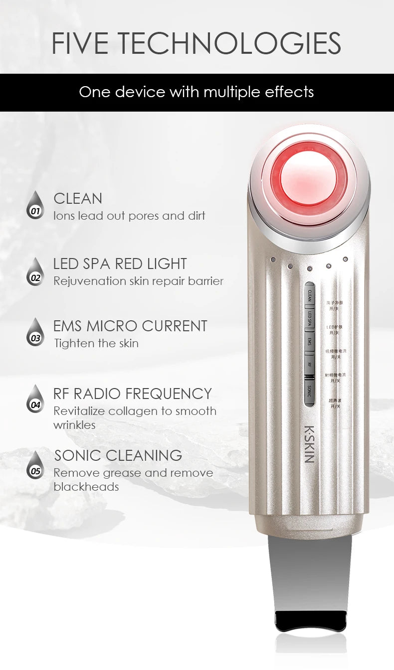1 Dispositivo con 5 Tecnologías para el Cuidado de la Piel: Iones de Plomo, Luz LED, Microcorriente EMS, Radiofrecuencia RF y Limpieza Sónica.