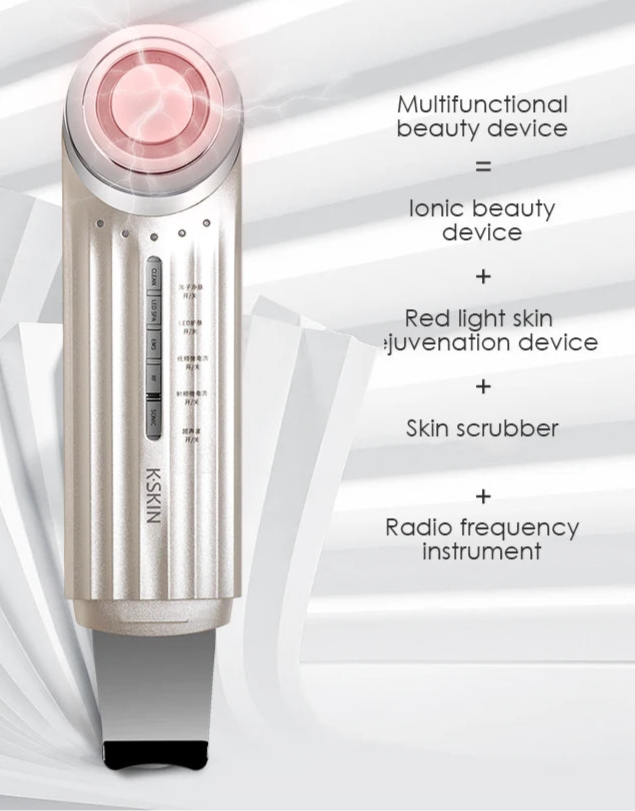 1 Dispositivo con 5 Tecnologías para el Cuidado de la Piel: Iones de Plomo, Luz LED, Microcorriente EMS, Radiofrecuencia RF y Limpieza Sónica.