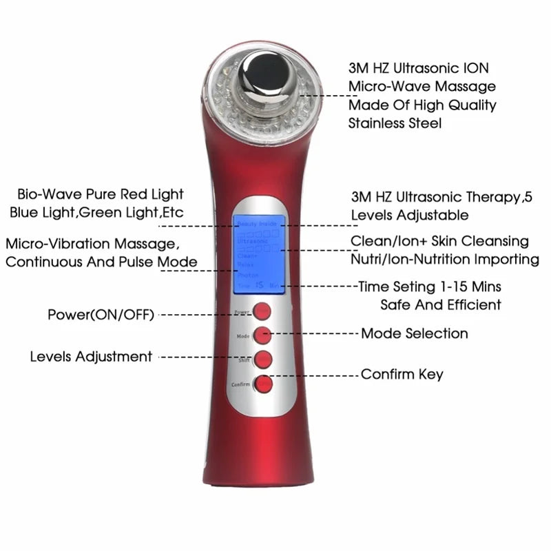 5-in-1 Oplaadbare Galvanische Gezichts-LED-Fotonentherapie. Hoogfrequente Ionenultrasonics