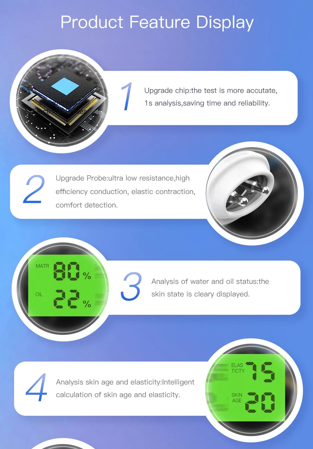 Skin Analyzer Detector. Portable Digital Water Oil Moisture.