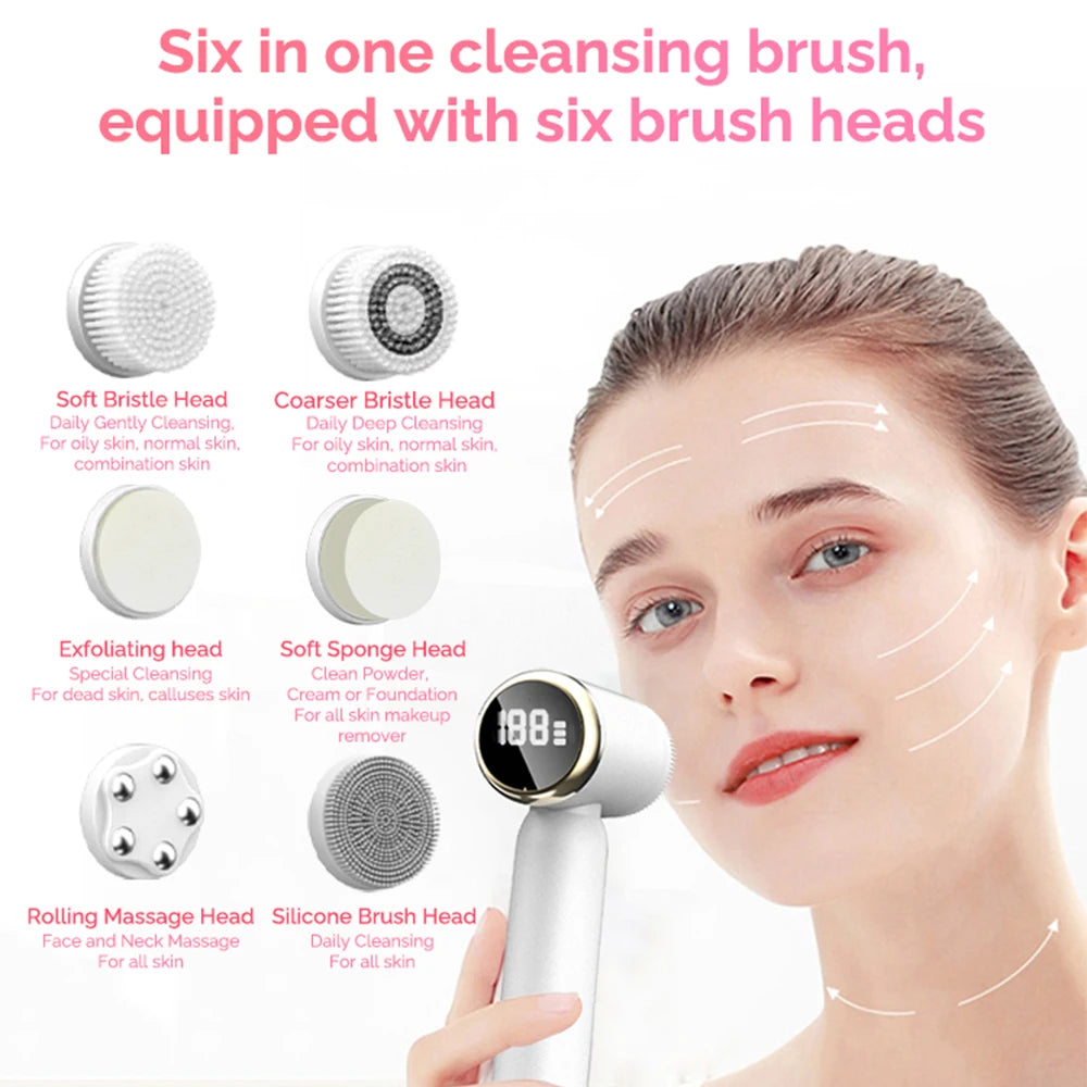 6 in 1 Electric Sonic Facial Cleansing Brush with LCD Display